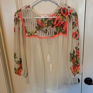 Anthropologie Floral Sheer Blouse with Coral Accents